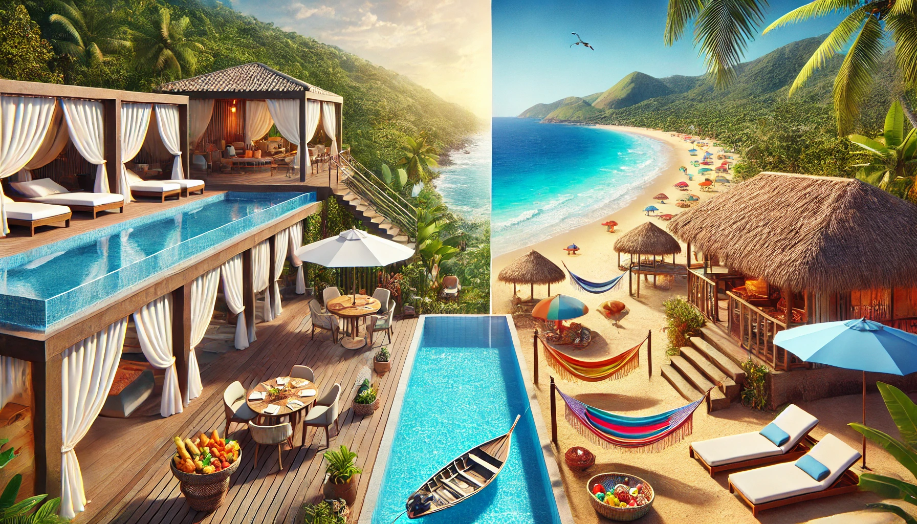 A split-screen image of two Brazilian beach getaways: one side featuring a luxurious resort with an infinity pool, private cabanas, and gourmet dining, while the other side showcases a budget-friendly beach with colorful hammocks, local food stands, and a lively atmosphere.