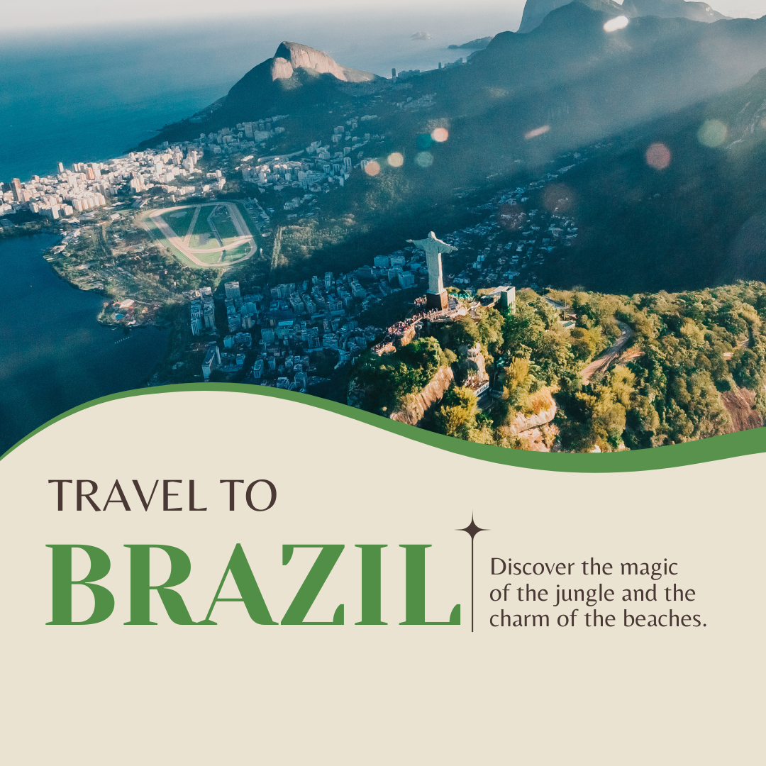 Aerial view of Rio de Janeiro, Brazil, featuring the Christ the Redeemer statue, lush green mountains, and the cityscape under the sunlight.