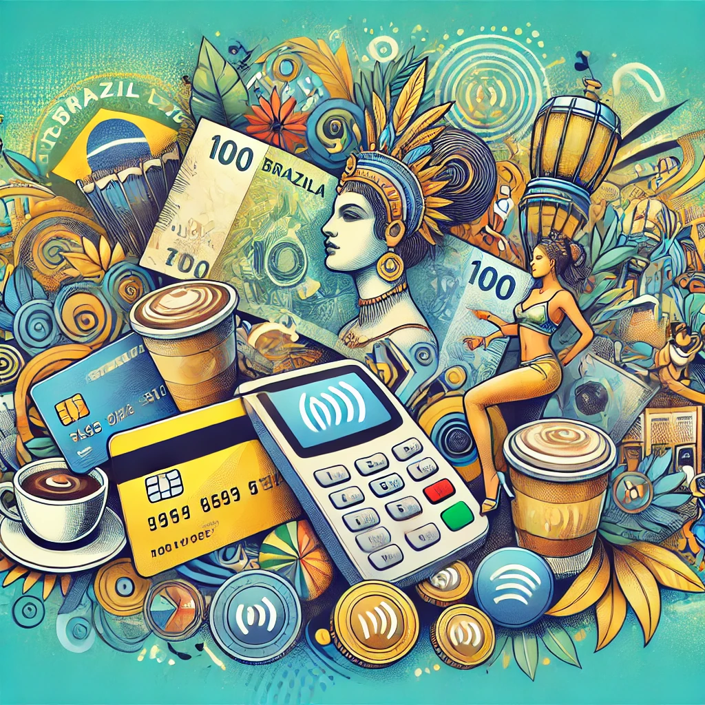 Illustration of currency and payment methods in Brazil, featuring Brazilian reais banknotes, coins, credit cards, digital payment icons, and cultural elements like coffee and samba in vibrant colors.