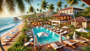 Luxury beach resort in Brazil with an infinity pool, ocean views, and tropical palm trees.