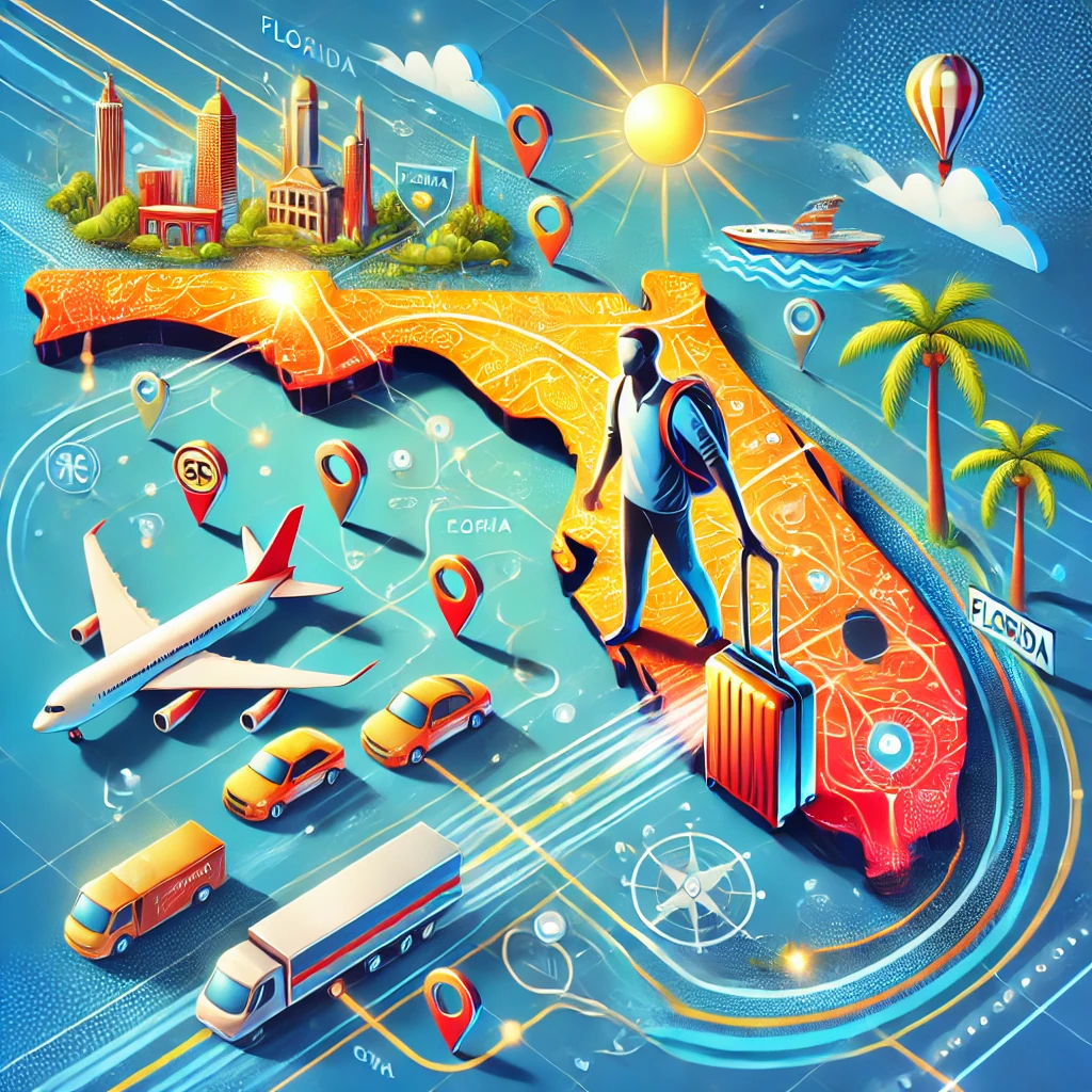 A colorful travel-themed illustration of Florida, featuring a detailed map with marked cities, transportation icons (planes, cars, boats), and a traveler with luggage navigating routes under sunny skies and palm trees.