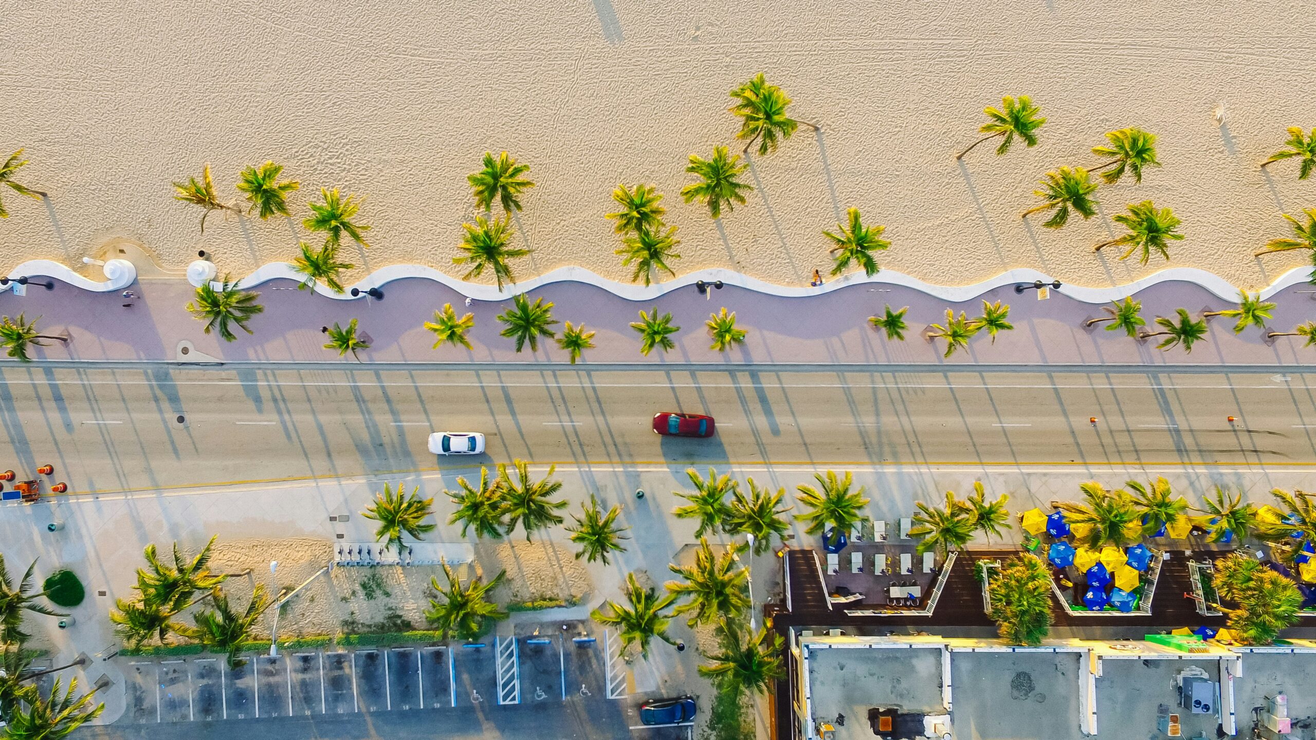 Florida Tourism: Aerial view of a scenic beachside road lined with palm trees, a curvy pedestrian walkway, and sandy Florida beach.